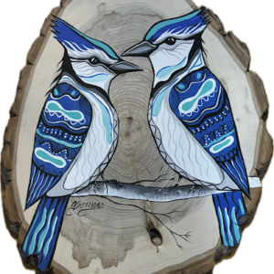 Two Bluejays on Wood