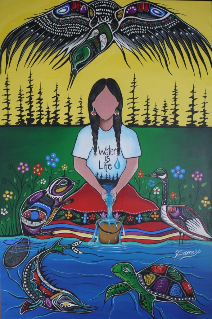 A collection of Focal Point Artistry artworks displaying consistent and recognizable Indigenous Woodland style themes, including heavy black outlines, spirit lines, and vibrant nature motifs.