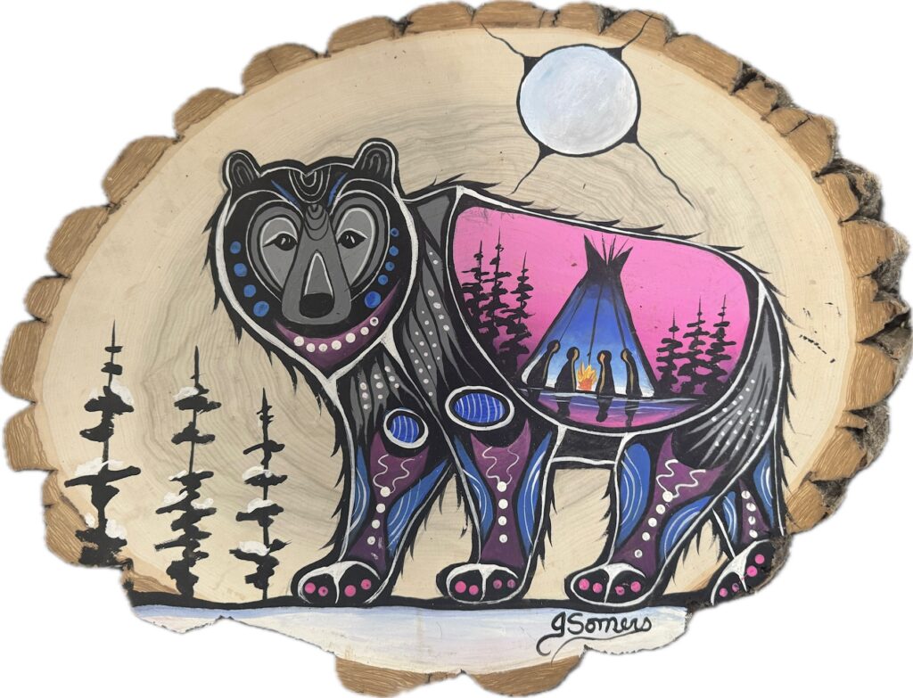 Vibrant Woodland style artwork by Jessica Somers depicting elements of the natural world, symbolizing Indigenous land-based teachings and environmental connection.