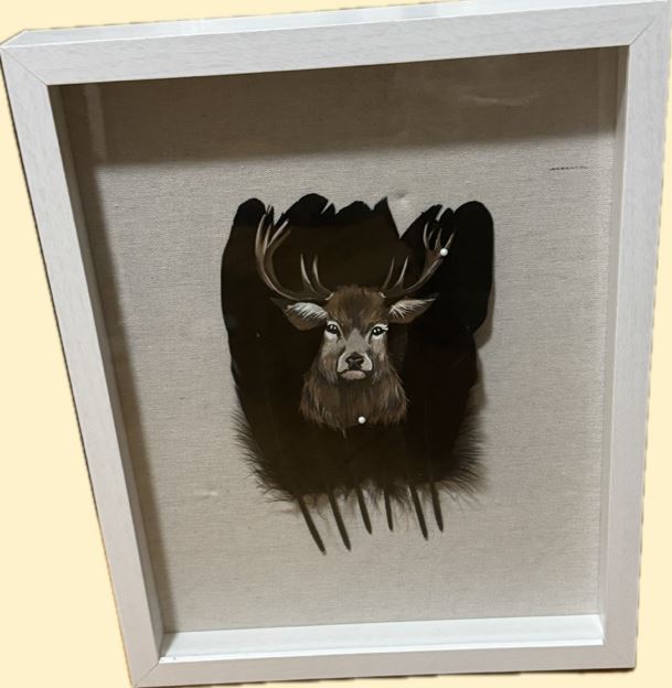 A close-up of a Focal Point Artistry painting highlighting key Woodland style symbols, including spirit lines, x-ray views, and divided circles used for storytelling.