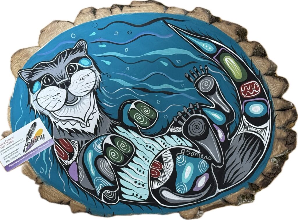 Artist hand-painting an original Indigenous Woodland style canvas, highlighting detailed brushwork, vibrant colours, and authentic craftsmanship.