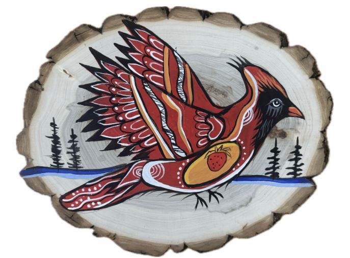 Jessica Somers facilitating a land-based learning session outdoors, connecting traditional Indigenous knowledge with environmental stewardship and Woodland style art.